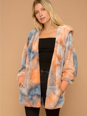NWT Hem & Thread One Size Tie Dye Sherpa Teddy Hooded Cardigan Coat